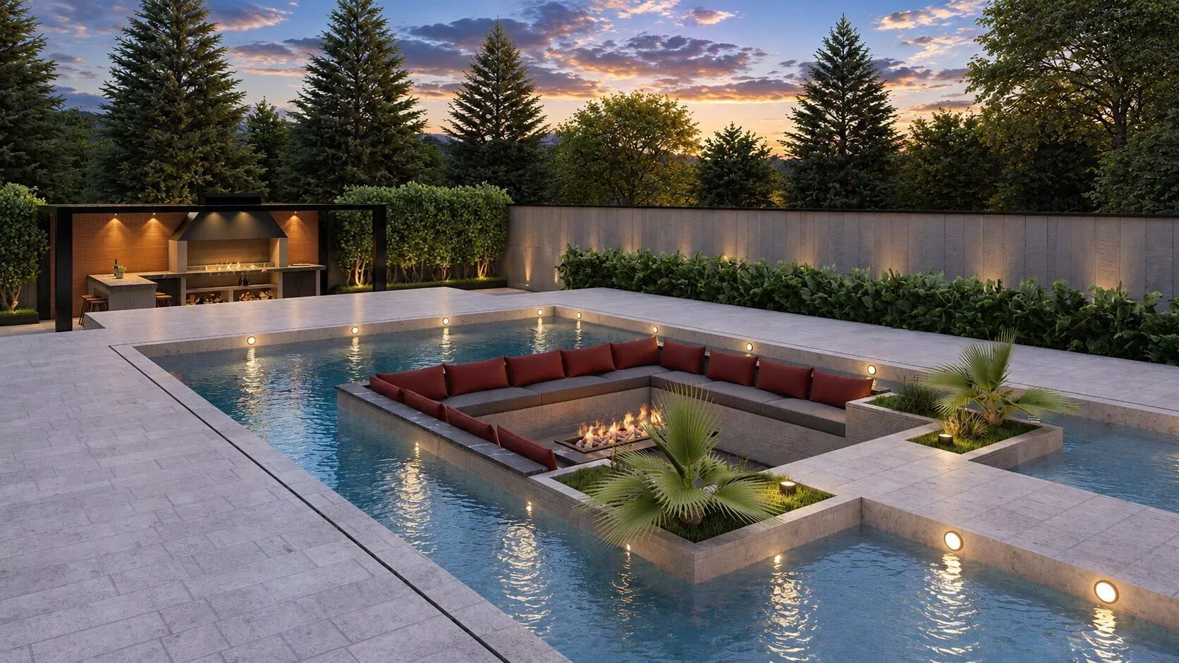 Luxury backyard design with pool fire pit and Outdoor kitchen 3D model
