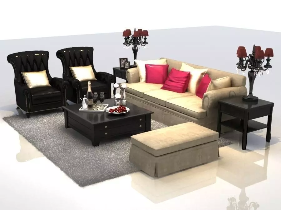 Sofa living room with furniture and pillows 3D model_0