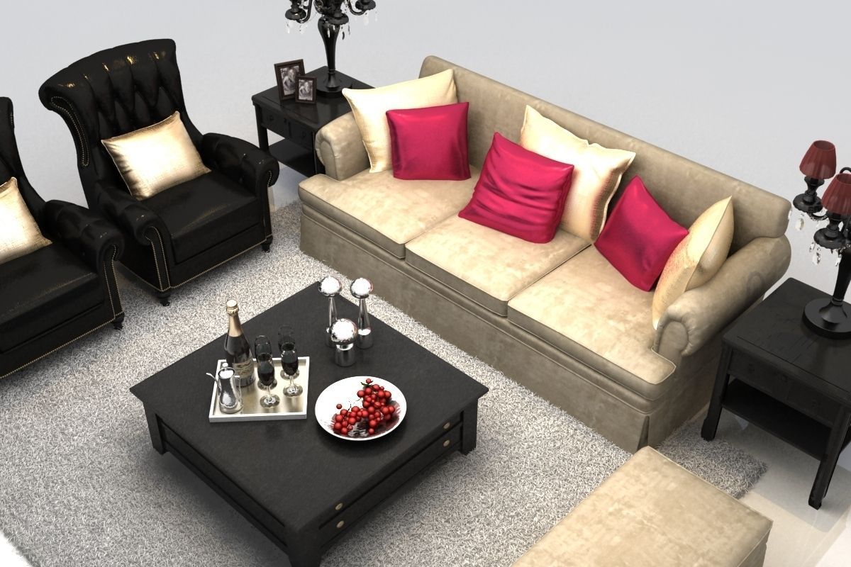 Sofa living room with furniture and pillows 3D model_4