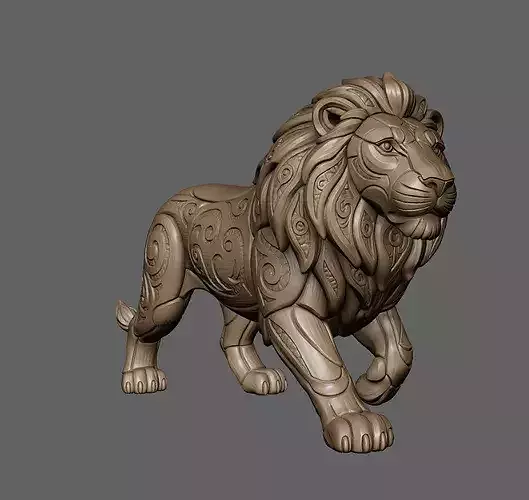 Stylized Ornamented Walking Lion Statue 3D Printable Model STL