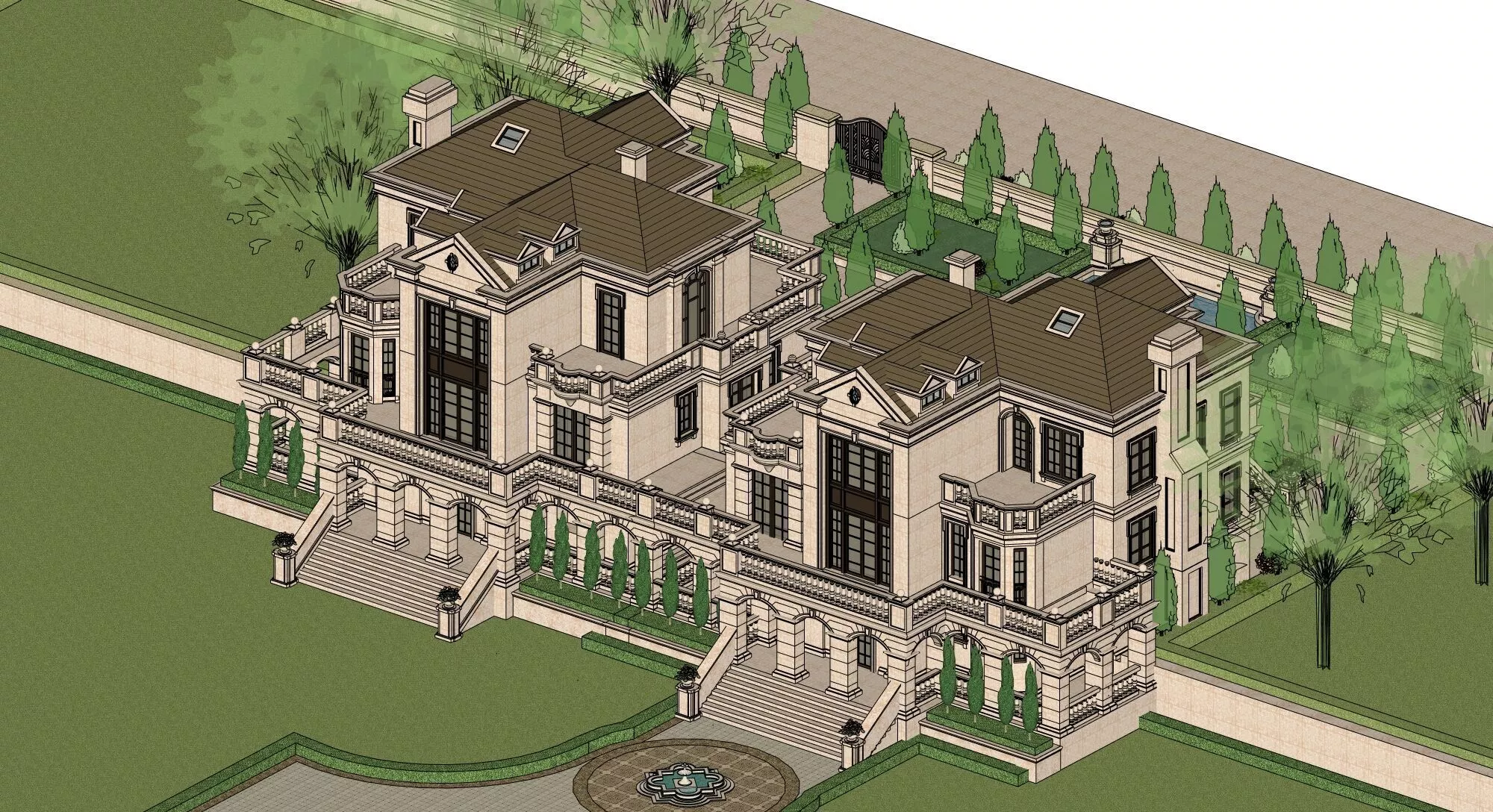 European Neoclassical Twin Villa Estate 3D Model 3D model