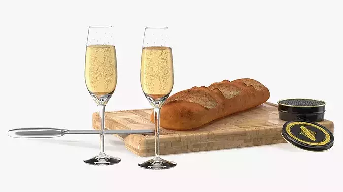 Marshallberg Caviar with Baguette and Champagne 3D model 6