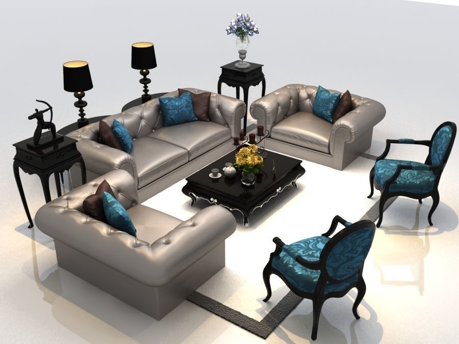Sofa living room with silver furniture 3D model_1