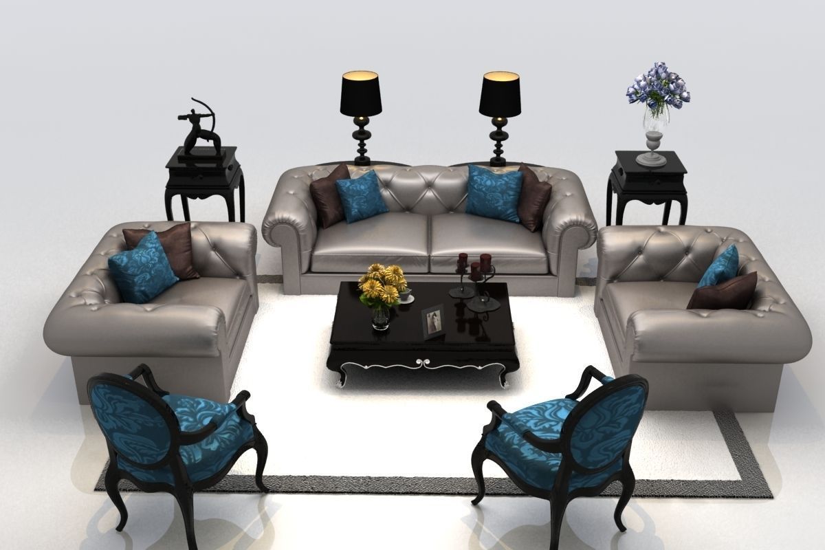 Sofa living room with silver furniture 3D model_2