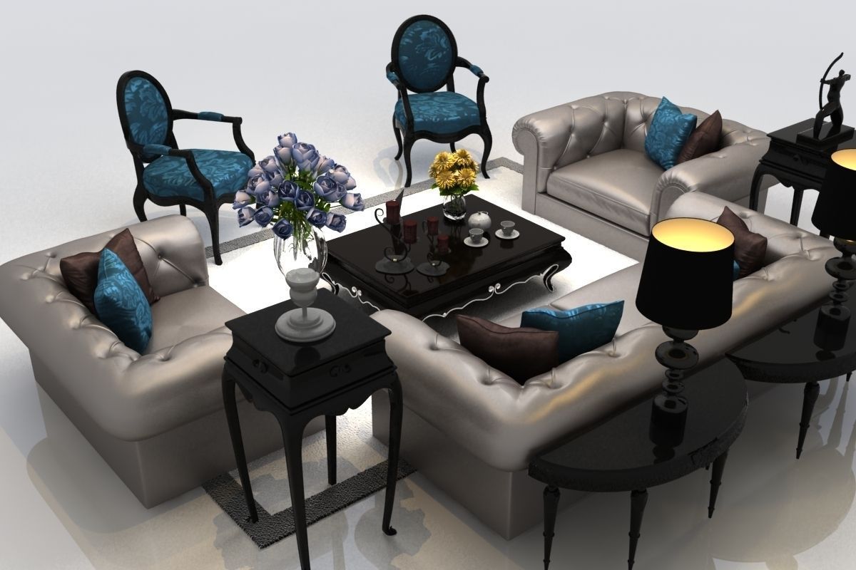 Sofa living room with silver furniture 3D model_4