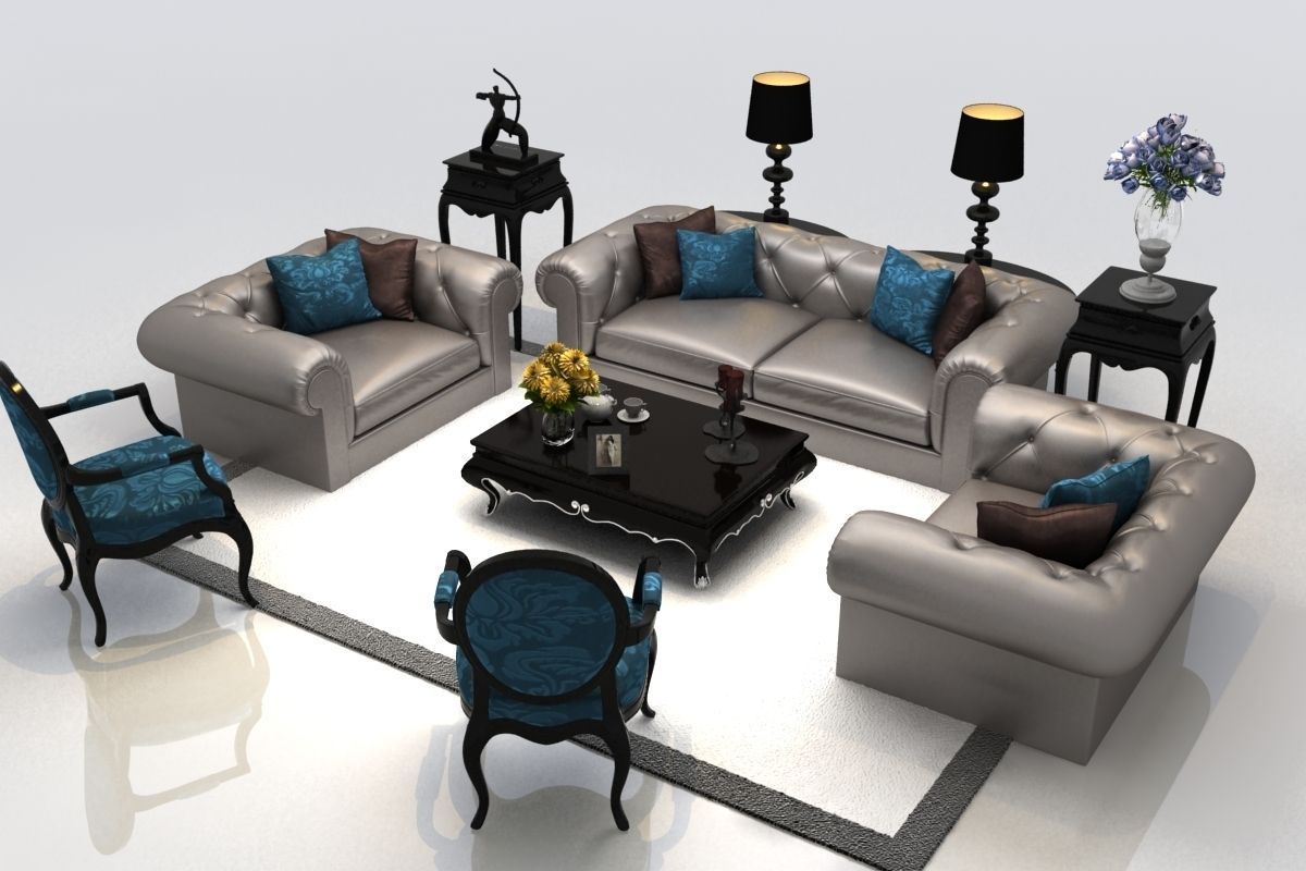 Sofa living room with silver furniture 3D model_3