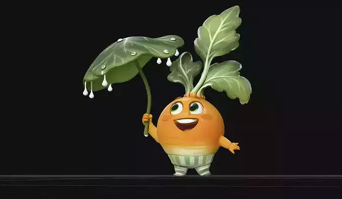Cute Stylized Vegetable Character with Leaf Umbrella PBR 3D model 4