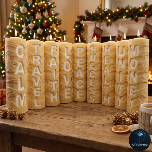 Inspirational Pillar Candle Set Textured Word Art 3D print model
