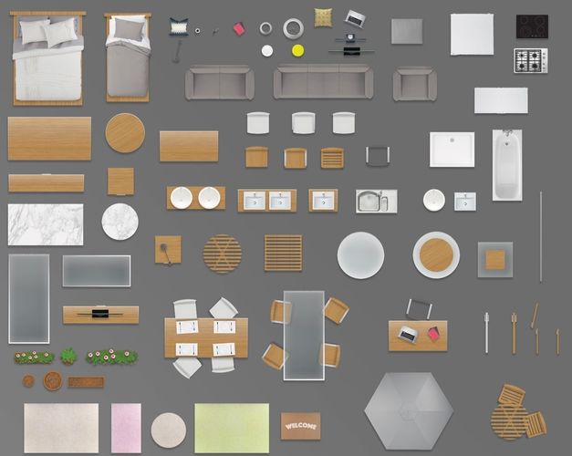 2d furniture floorplan top view PSD 3D model render realistic 3D model