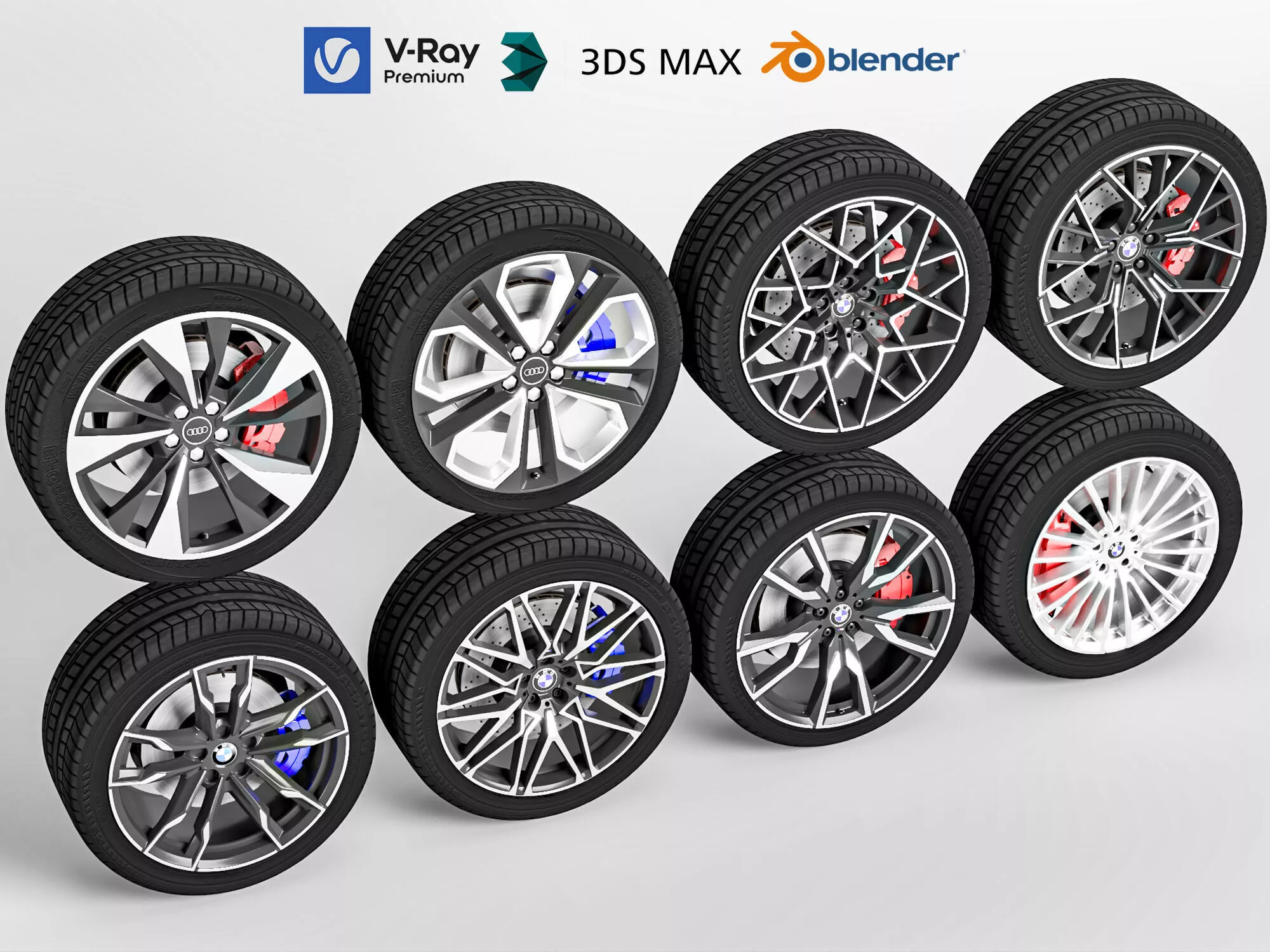 Multi Style Car Alloy Wheel Tire Brake Set 3D Model Low-poly 3D model