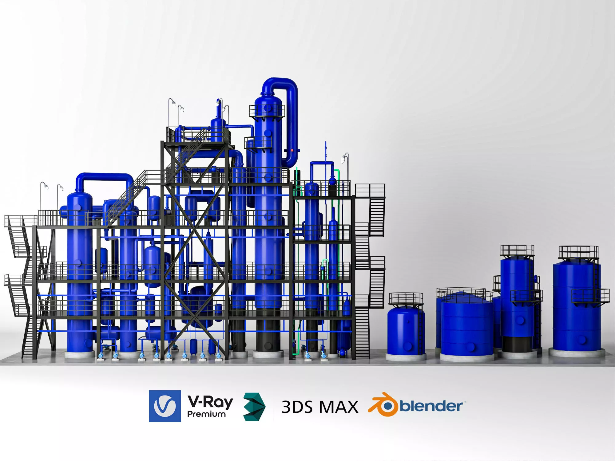 Chemical Distillation Tower Storage Tank Plant Set 3D Model 3D model