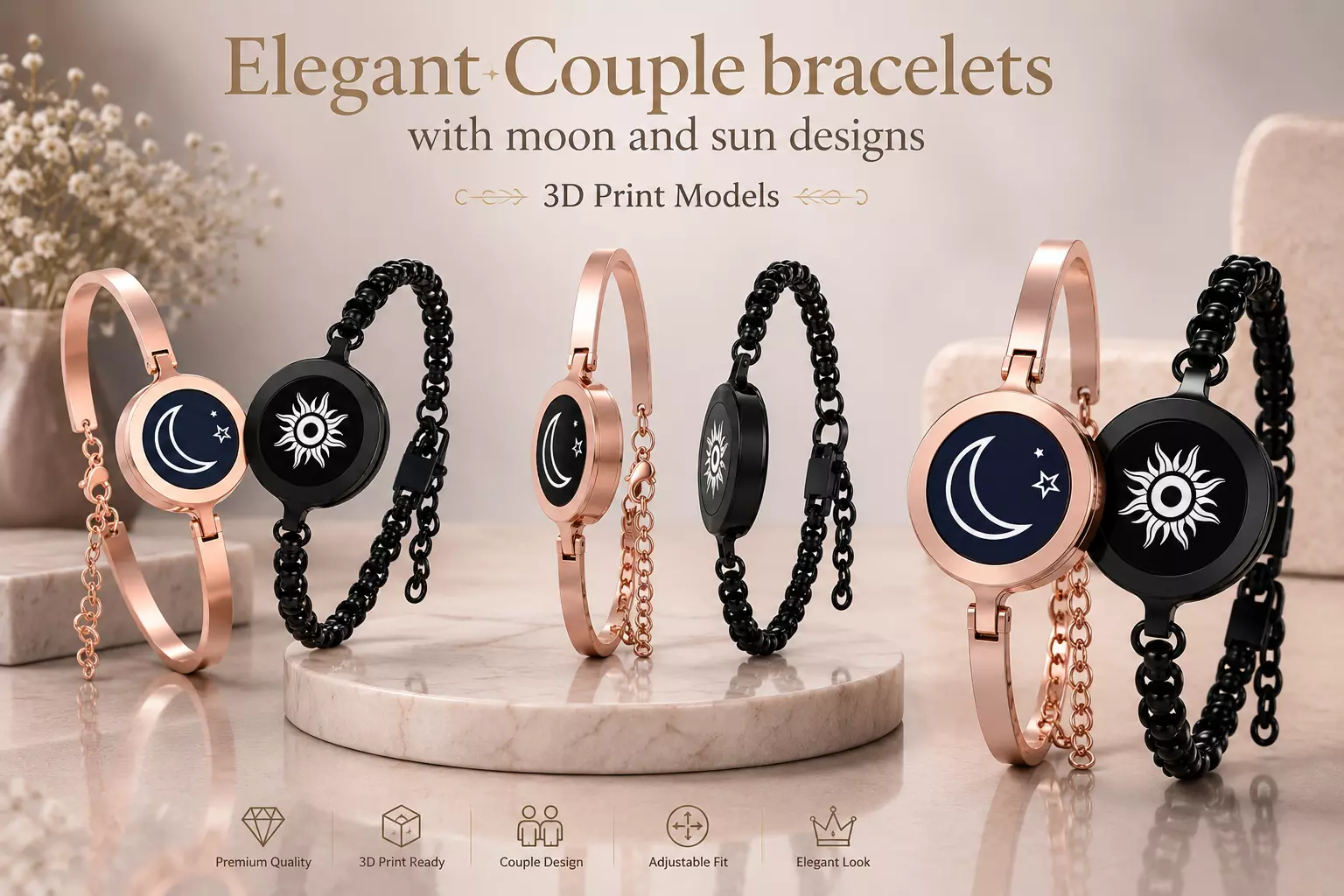 Elegant Couple Bracelets with Moon and Sun Designs Premium Jewel 3D print model