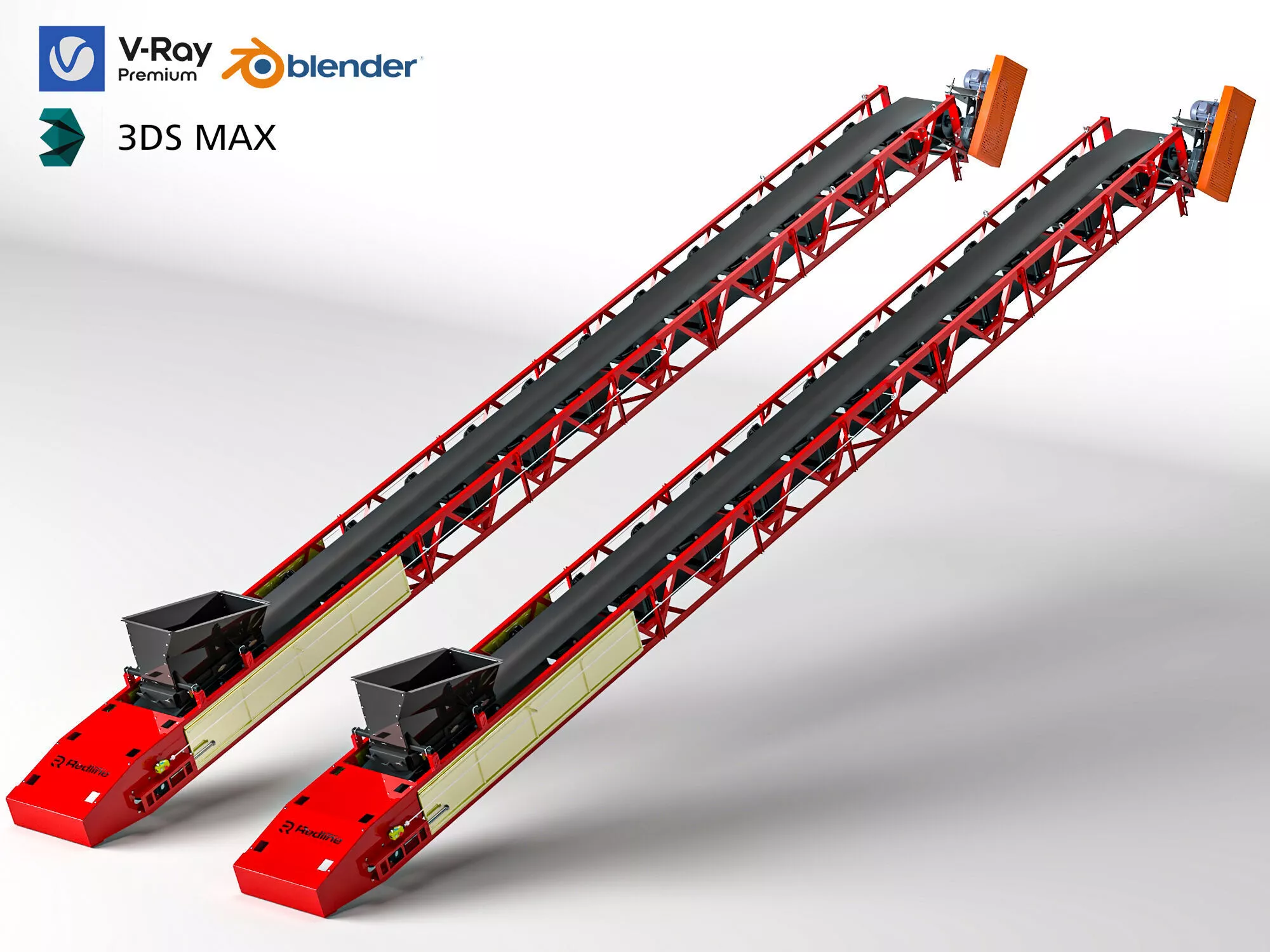 Double Belt Conveyor Mining Material Transport Set 3D Model 3D model