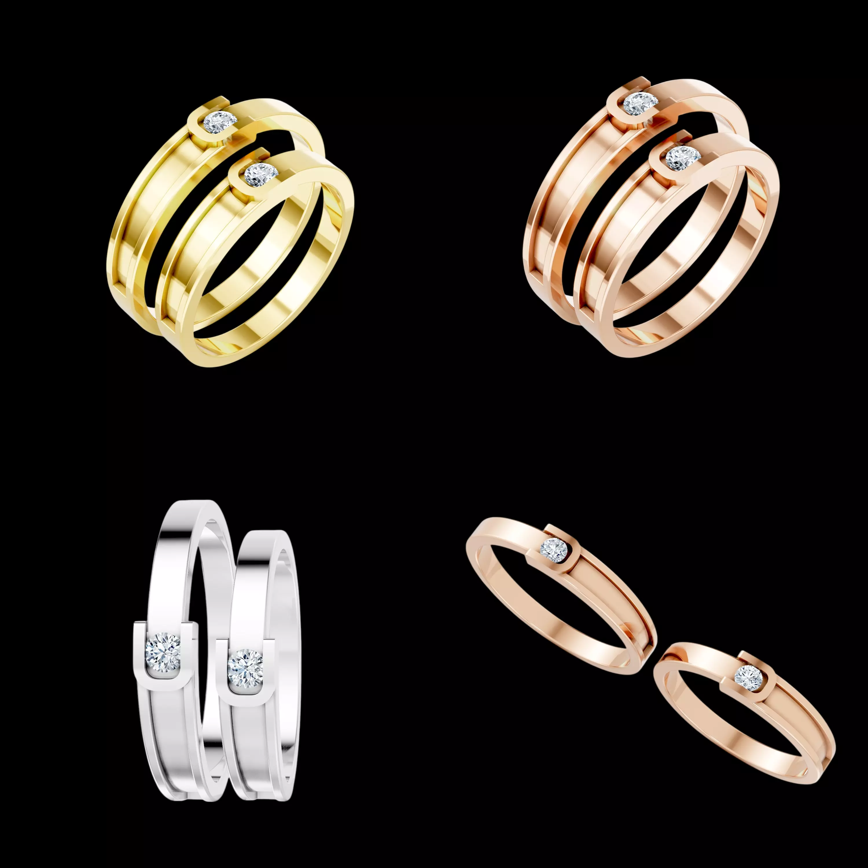 Modern Solitaire Wedding Ring CAD STL 3DM Couple Band Set Design 3D print model