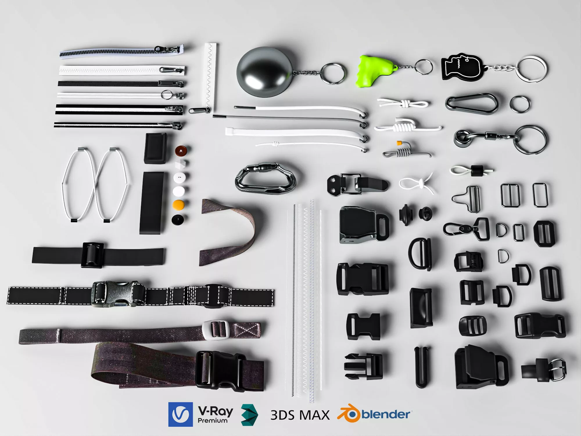 Assorted Hardware Buckles Zippers Straps Collection Low-poly 3D model