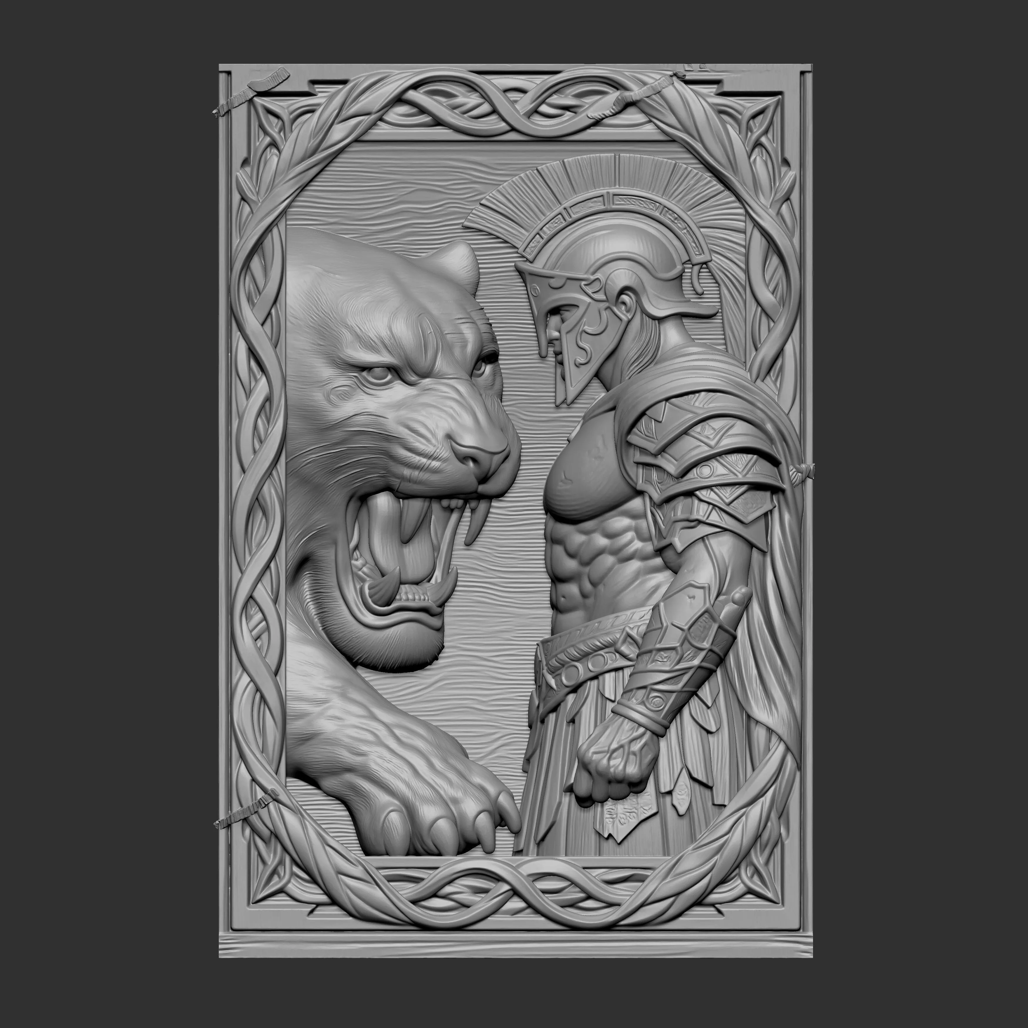 Spartan warrior facing a roaring lion 3D print model