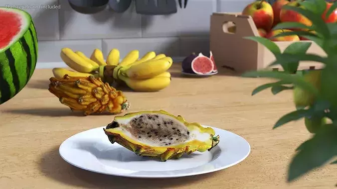 Dragon Fruit Whole and Half Yellow 3D model 2
