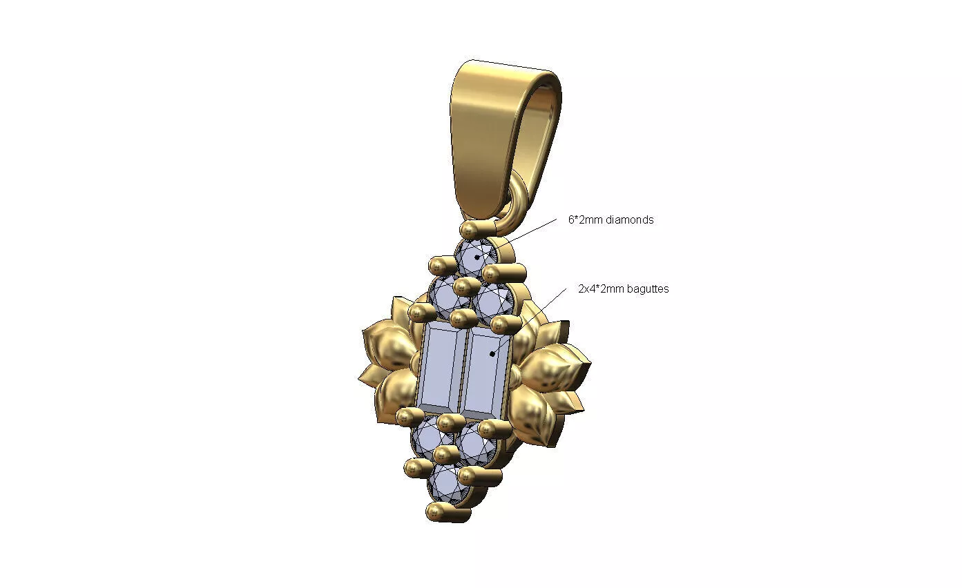 Diamond lotus flower baguettes and diamond pendant 3D print model