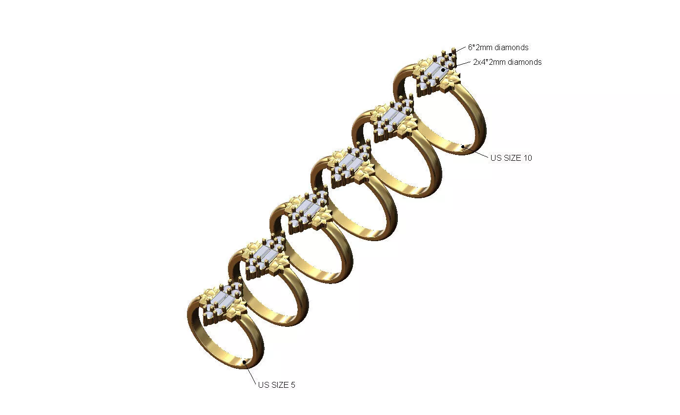 Lotus rose diamond baguettes cluster ring US size 5to10 3D print model