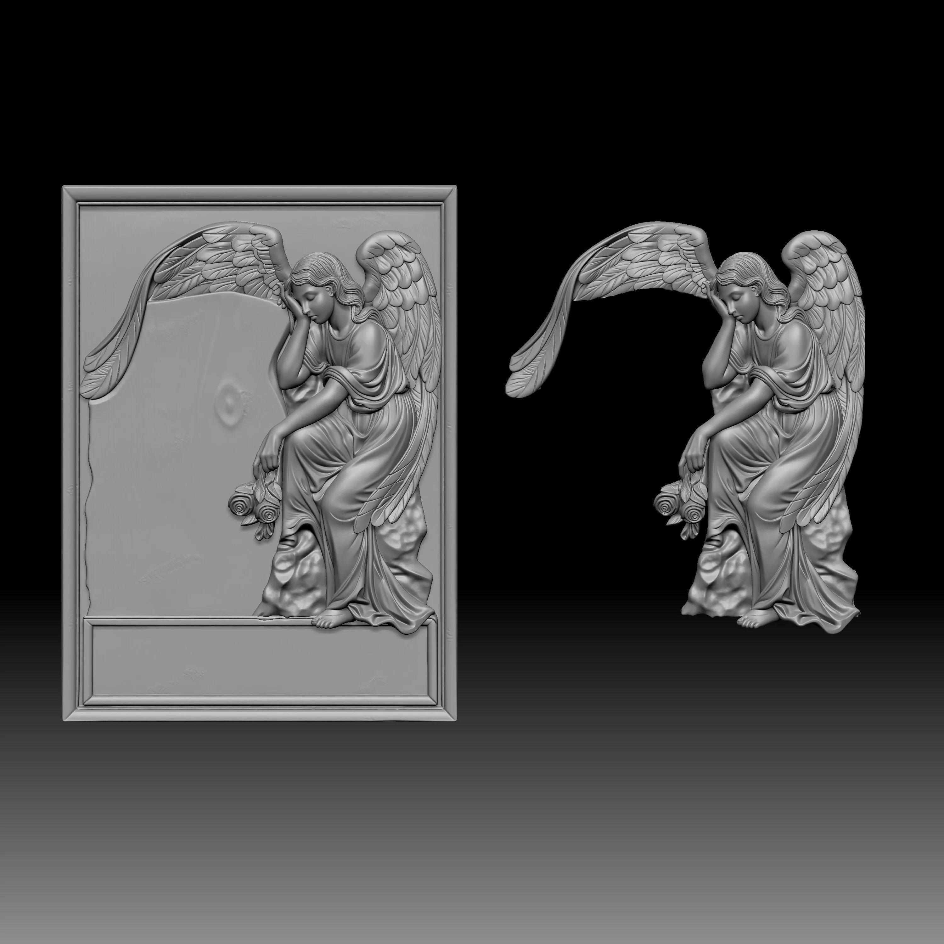 grieving or mourning angel designed as a basrelief 3D print model
