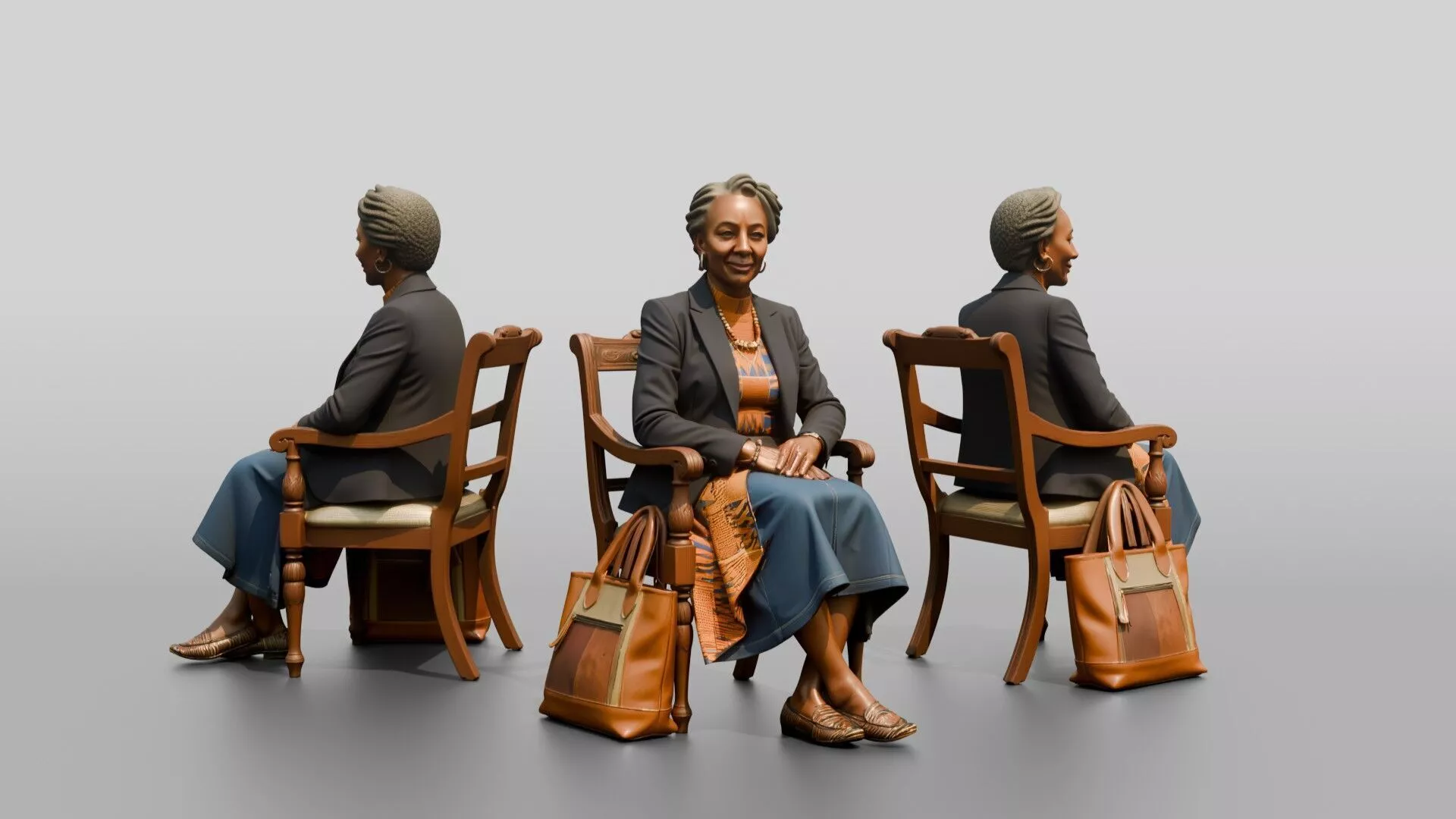 African Senior Woman Seated with Leather Tote Bag 3D model