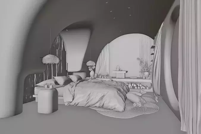 Modern Minimalist Curved Bedroom Interior with Natural Accents 3D model 6