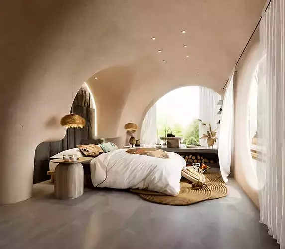 Modern Minimalist Curved Bedroom Interior with Natural Accents 3D model