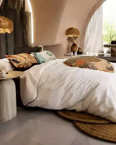 Modern Minimalist Curved Bedroom Interior with Natural Accents 3D model 3