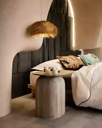Modern Minimalist Curved Bedroom Interior with Natural Accents 3D model 4