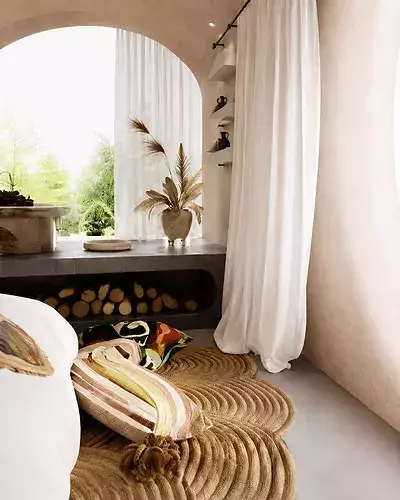 Modern Minimalist Curved Bedroom Interior with Natural Accents 3D model 2