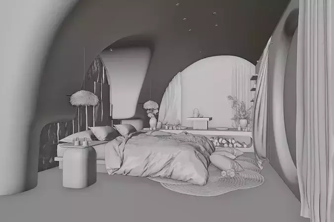 Modern Minimalist Curved Bedroom Interior with Natural Accents 3D model 7