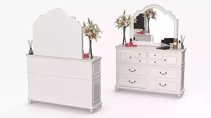 Elegant White Vanity Dresser with Makeup and Perfume 3D model 5