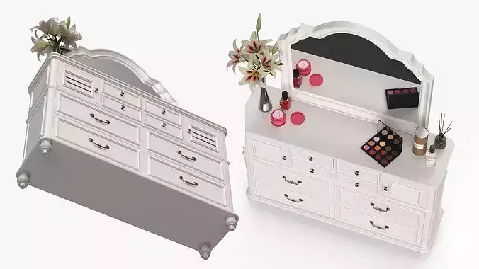 Elegant White Vanity Dresser with Makeup and Perfume 3D model 6
