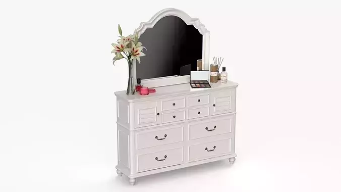 Elegant White Vanity Dresser with Makeup and Perfume 3D model 2