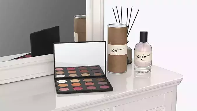 Elegant White Vanity Dresser with Makeup and Perfume 3D model 7