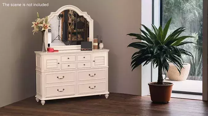 Elegant White Vanity Dresser with Makeup and Perfume 3D model 4