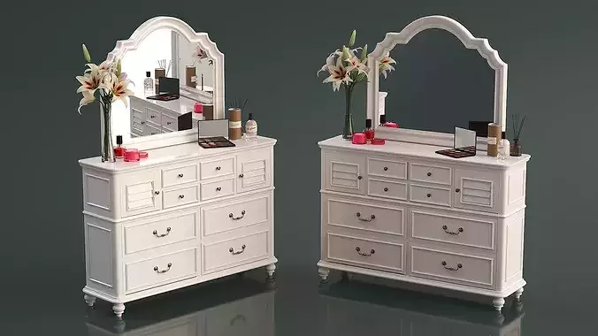 Elegant White Vanity Dresser with Makeup and Perfume 3D model
