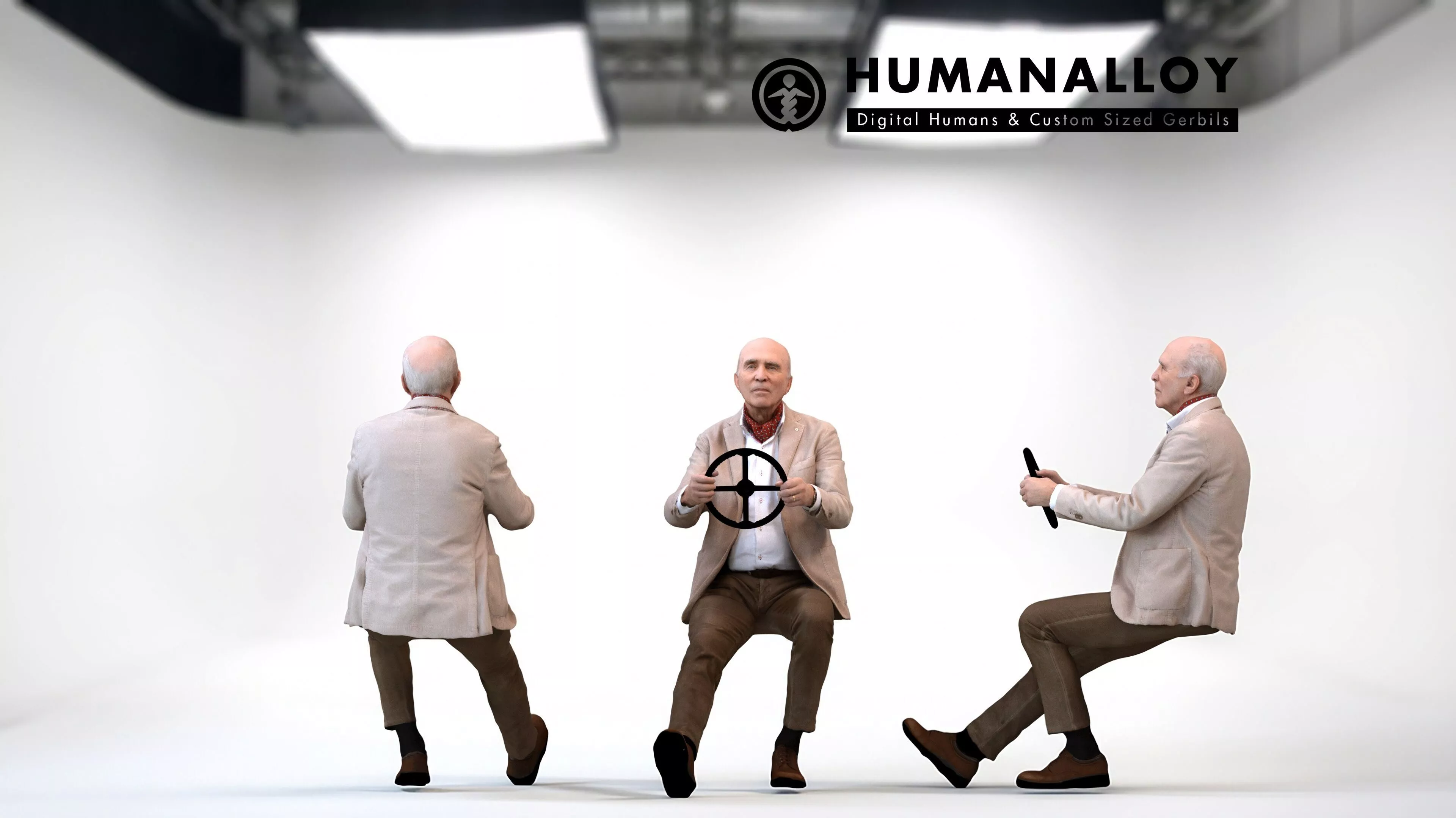 Senior Caucasian man sitting in office wearing transitional 3D model