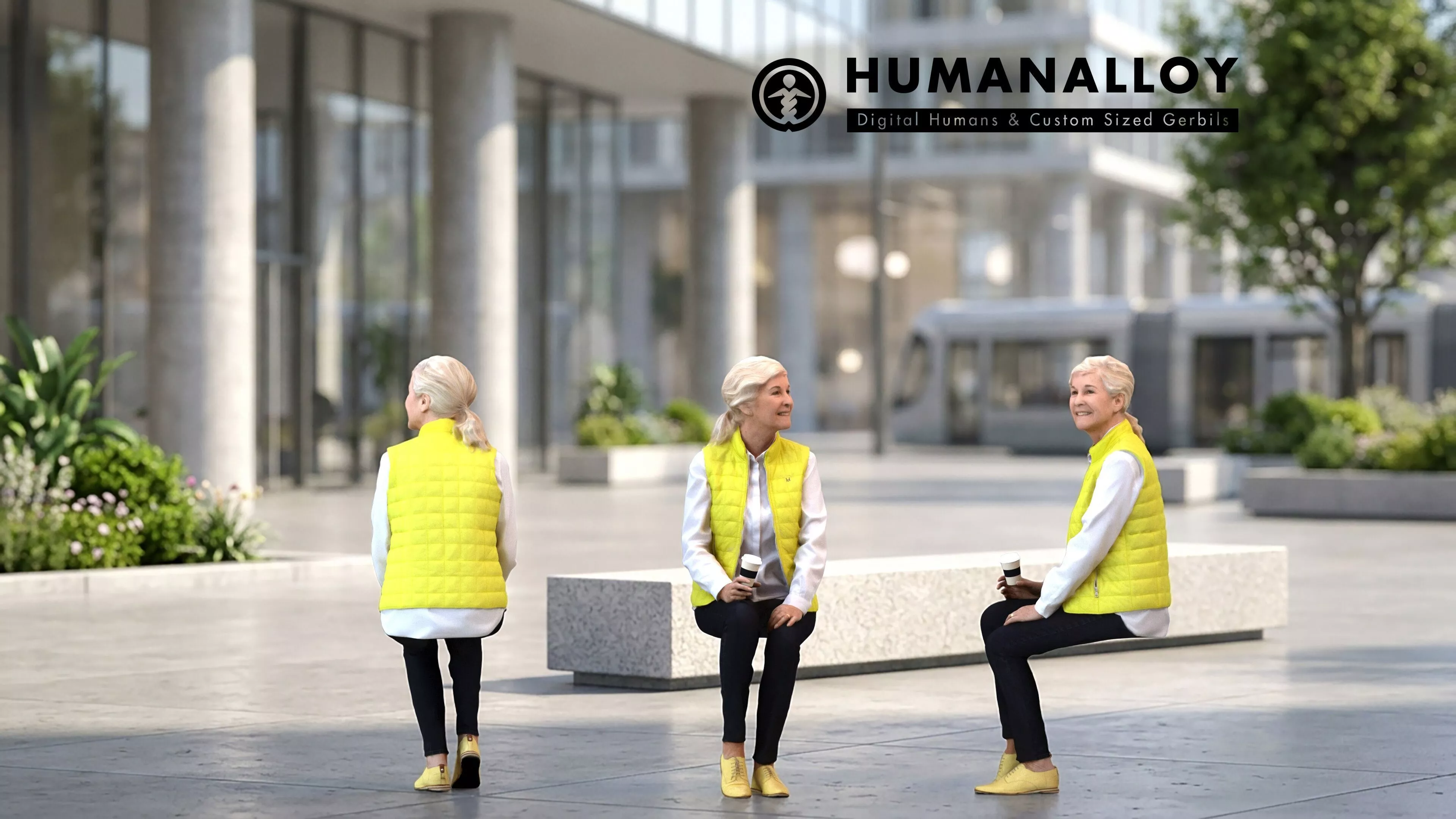 Senior Caucasian woman relaxing in public space with coffee 3D model