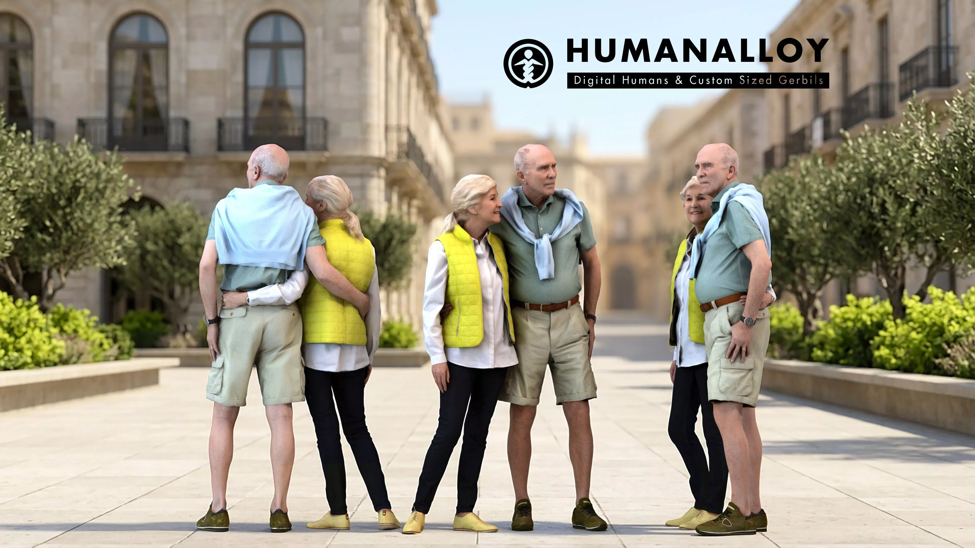 Senior Caucasian couple bonding in public wearing transitional 3D model