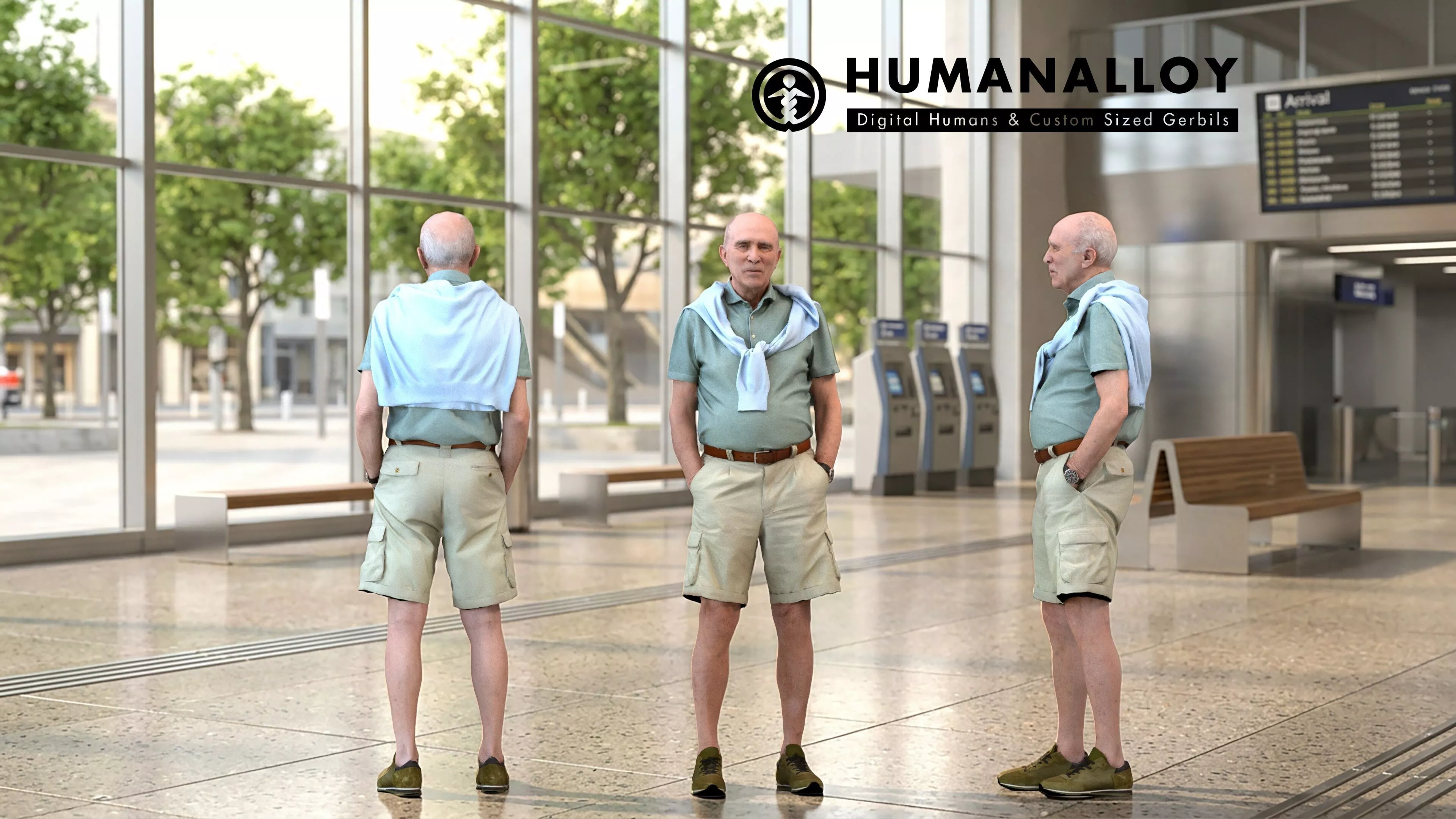 Senior Caucasian man waiting in public space wearing casual 3D model