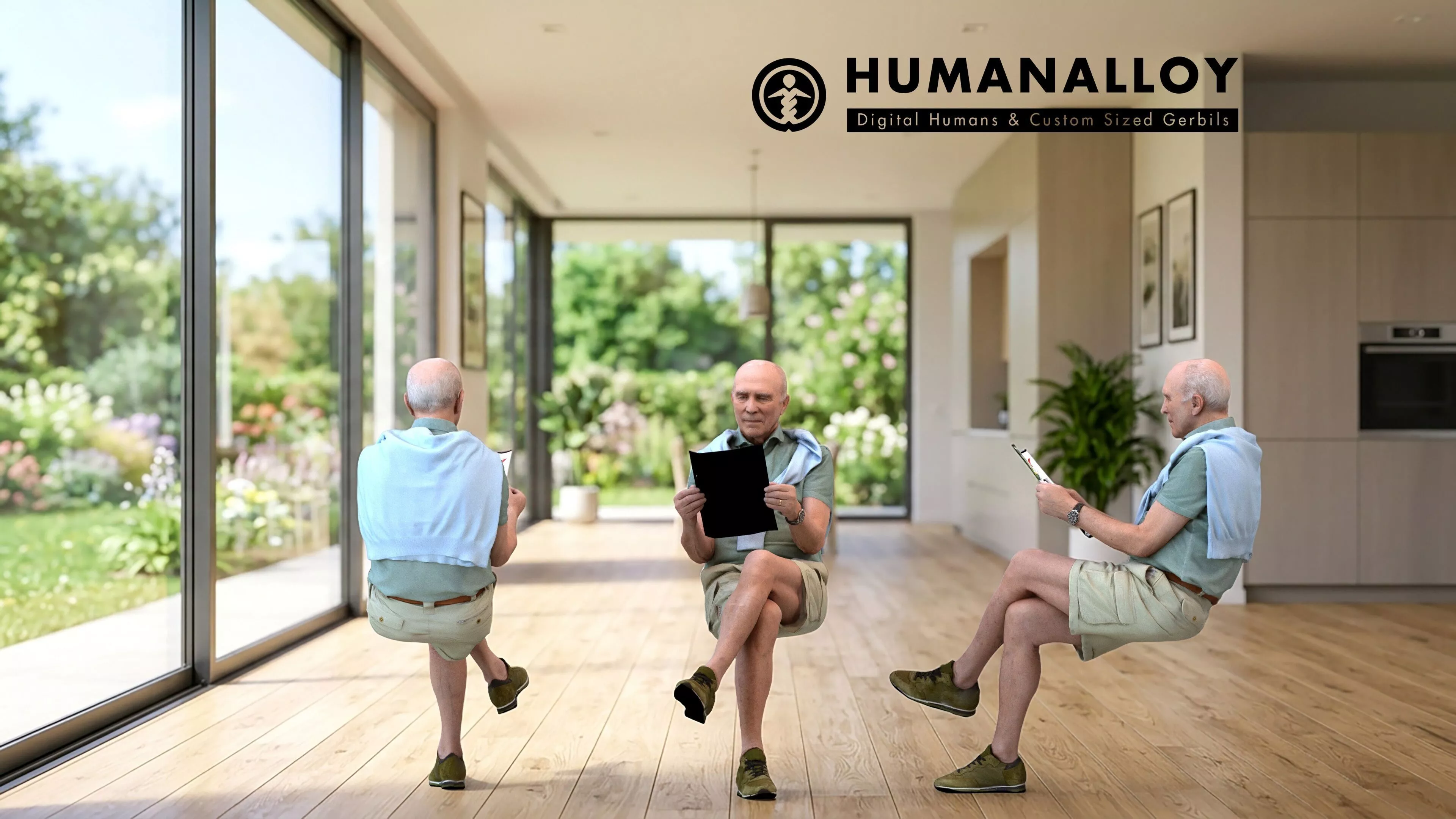 Senior Caucasian man sitting at home in casual summer clothing 3D model