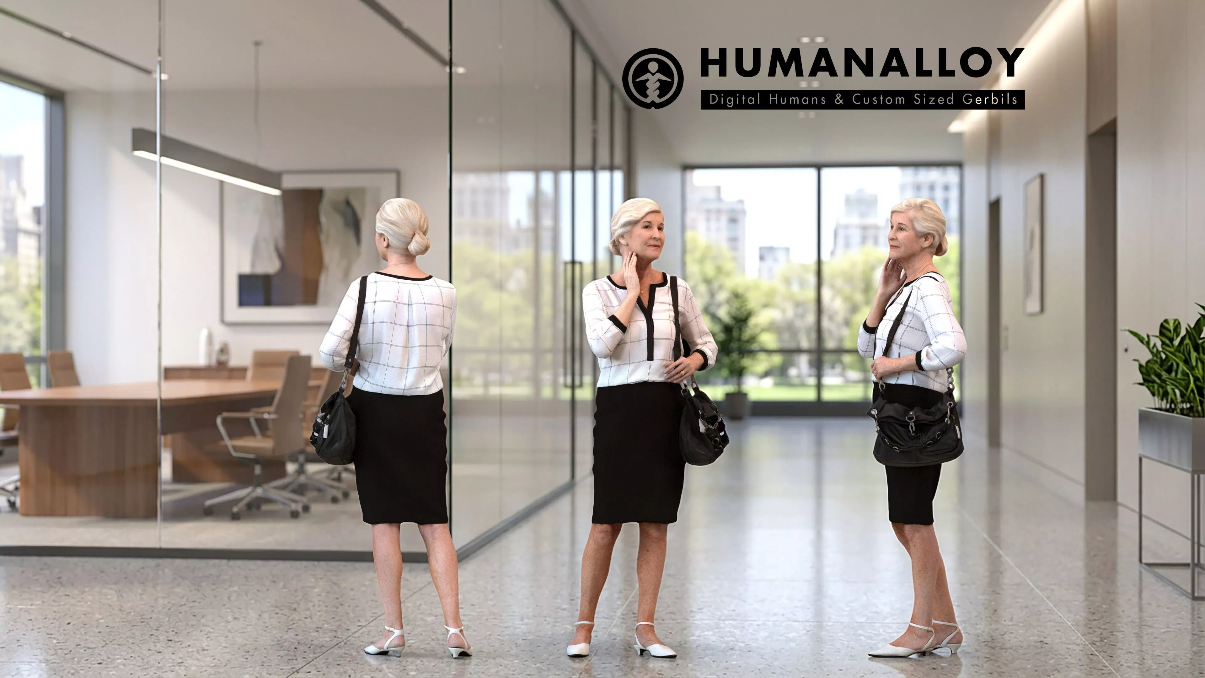 Senior Caucasian woman making phone call in office wearing 3D model