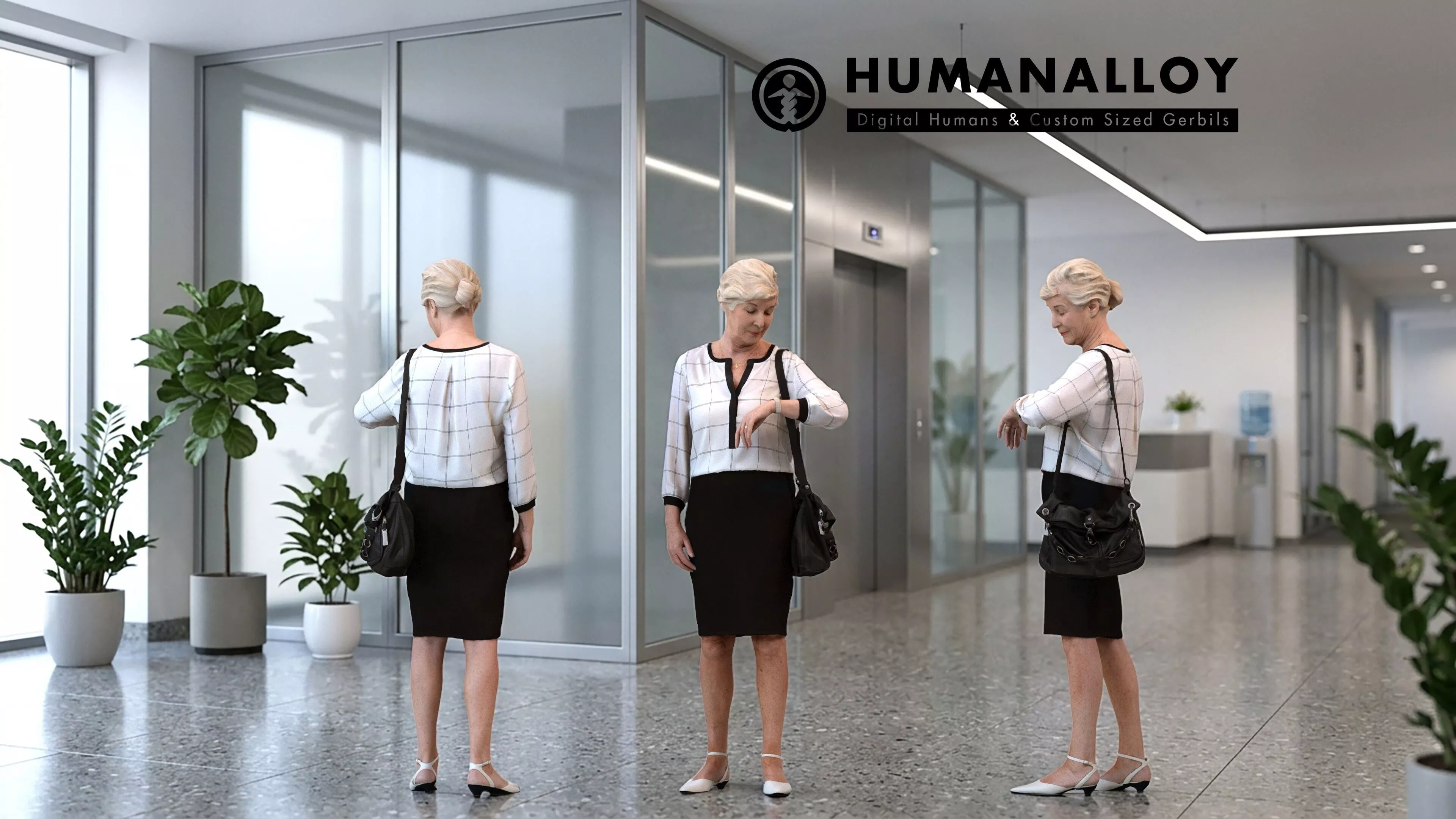 Senior Caucasian woman waiting in office wearing transitional 3D model