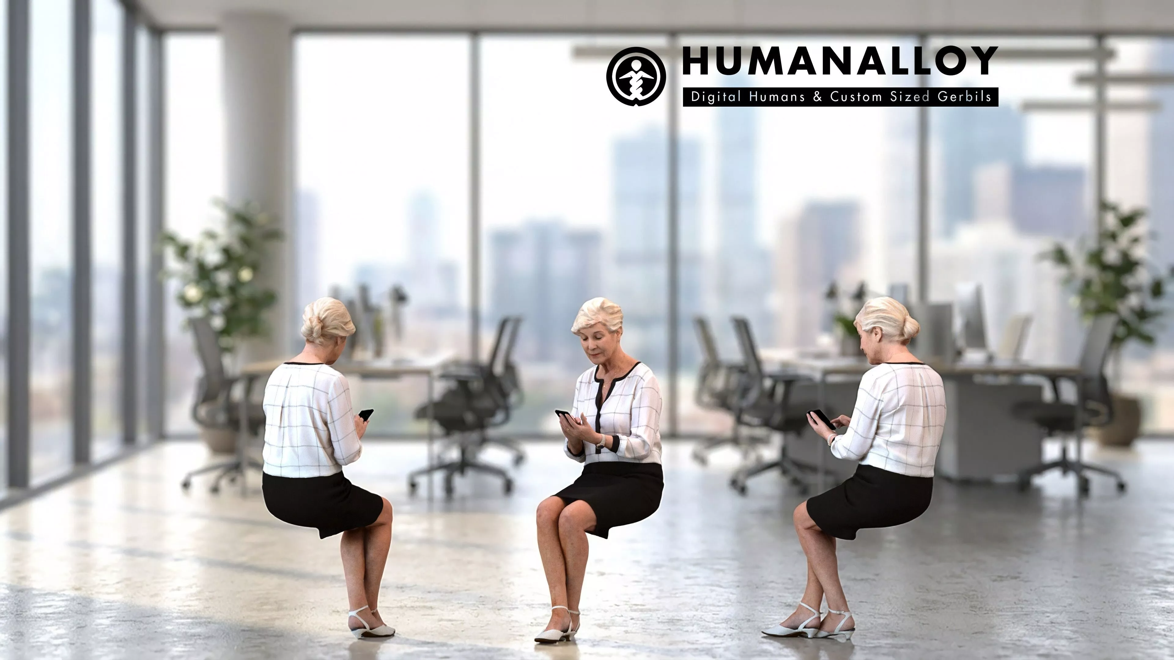 Senior Caucasian woman reading smartphone in office wearing 3D model