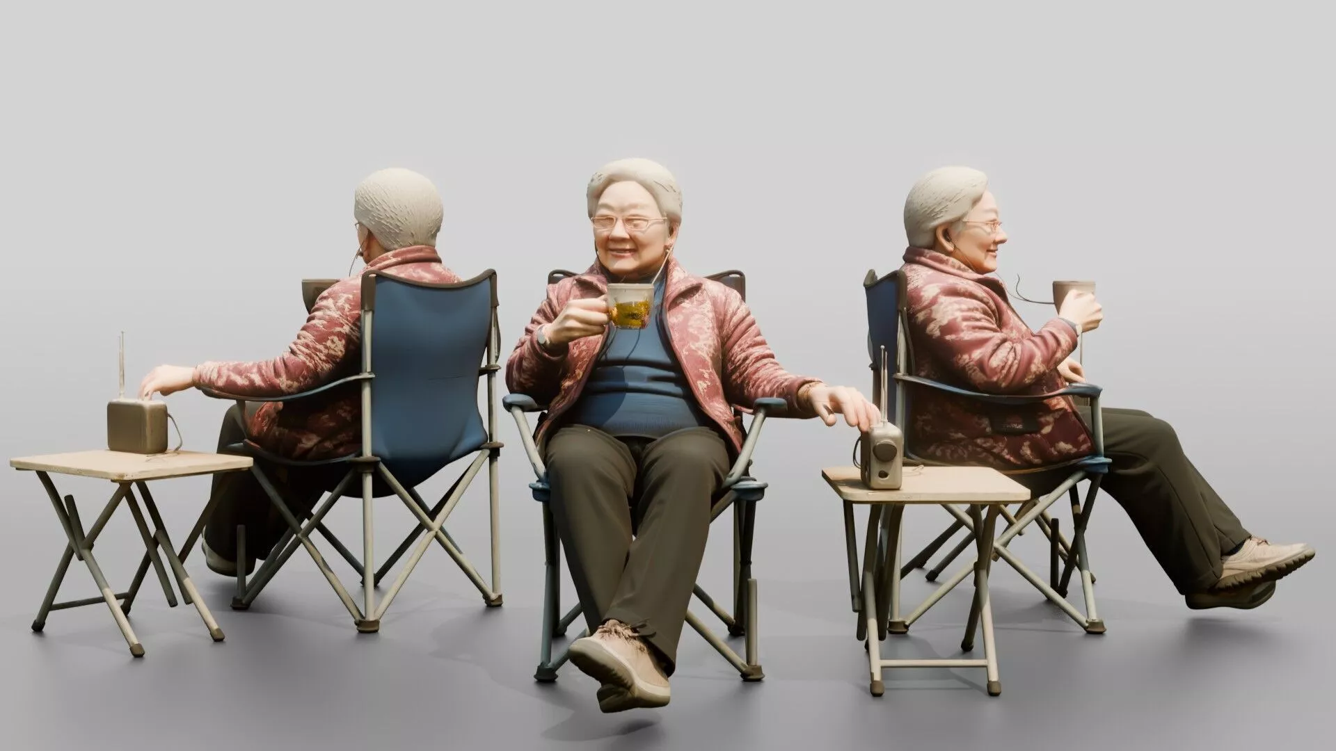 Elderly Chinese Woman Relaxing with Tea Outdoors 3D model