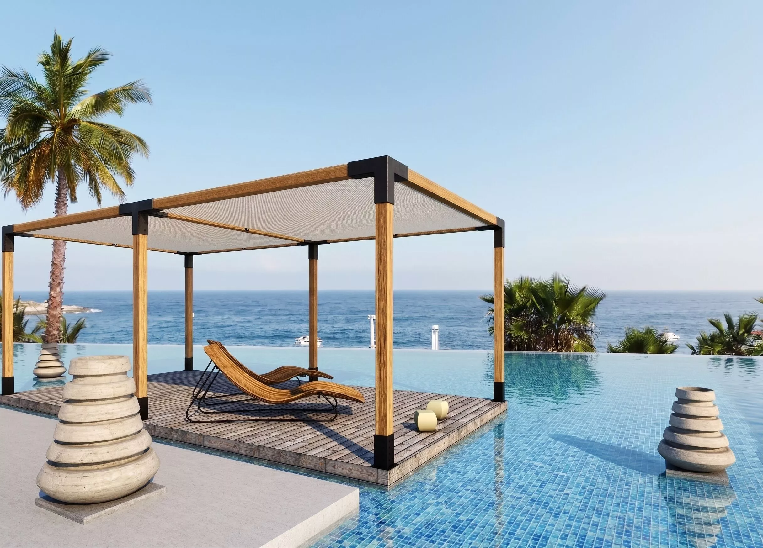 Modern Wooden Pergola with Shade Canopy Free low-poly 3D model