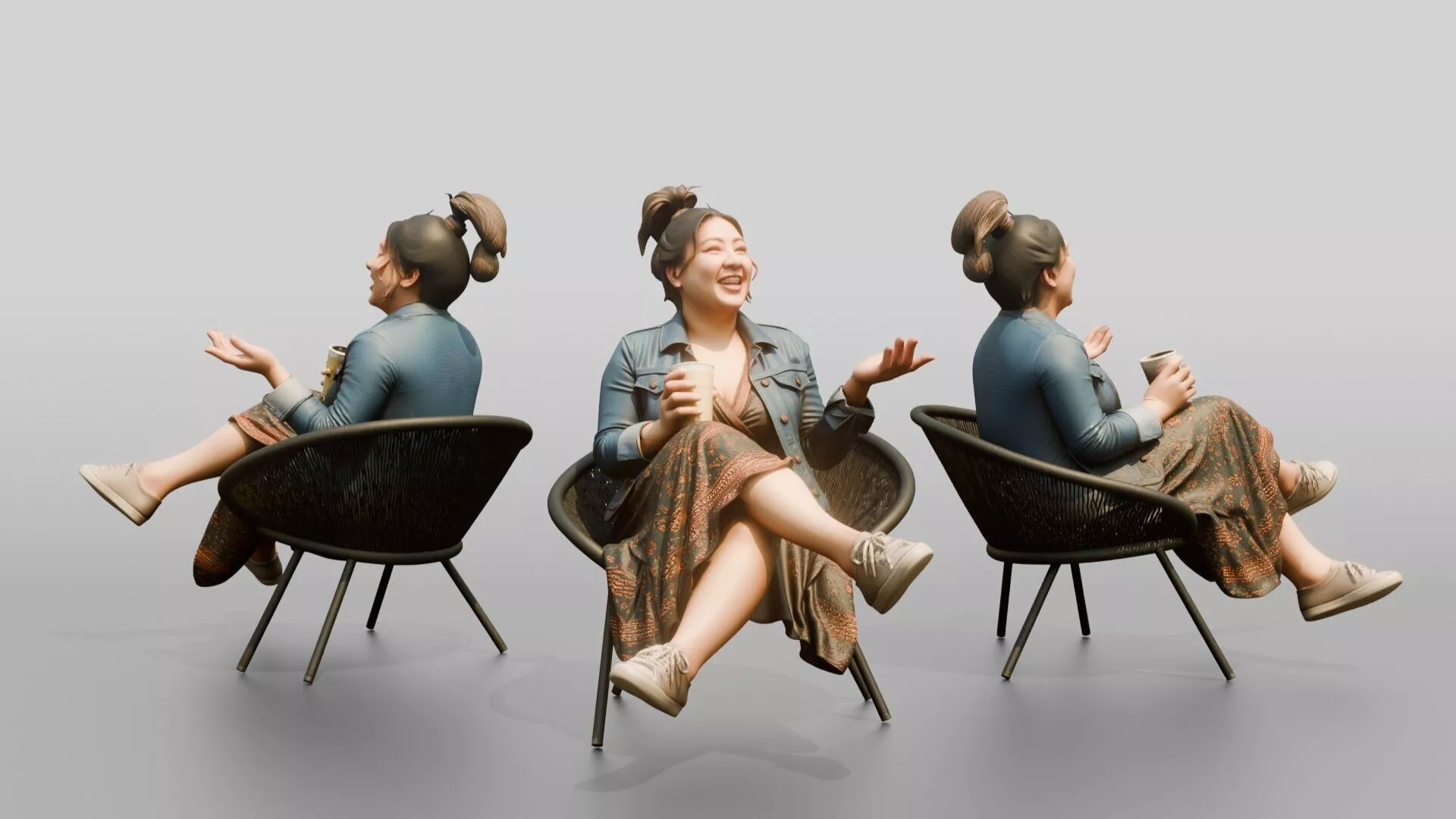 Chinese Woman Laughing While Seated with Coffee 3D model