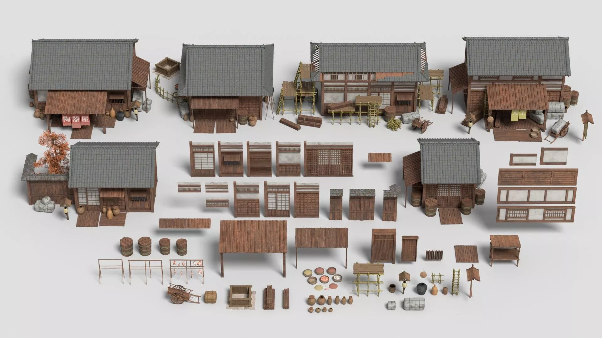 Japanese Historic Village Kitbash over 100 Buildings and Assets Low-poly 3D model