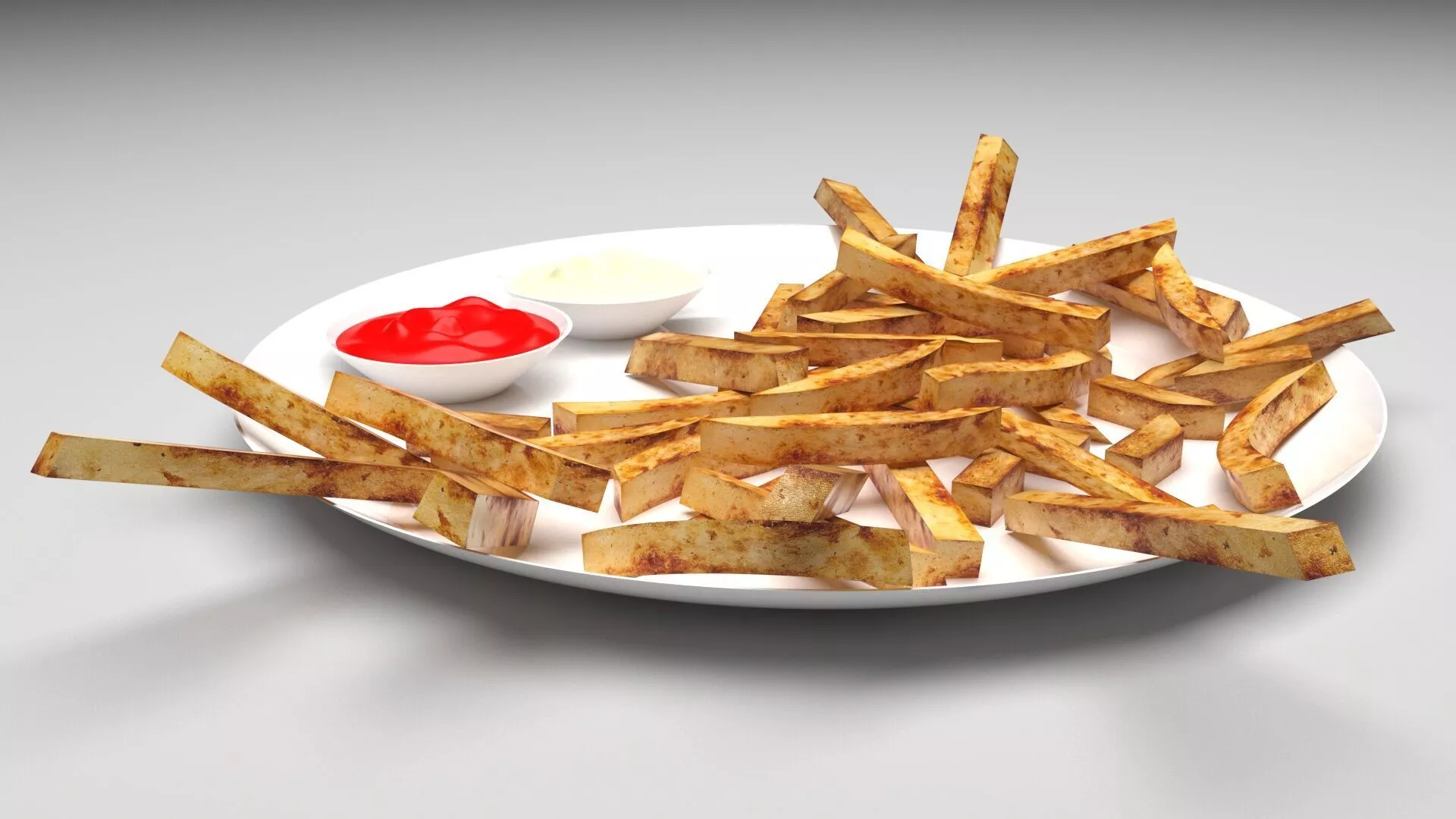 Plate of French Fries With Ketchup and Mayonnaise 3D model